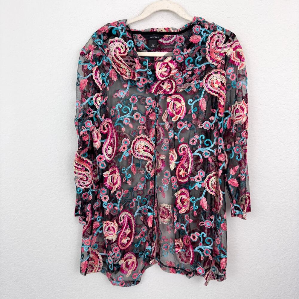 Ali Miles Womens Blouse Size L Sheer Paisley Floral Artsy Embroidered Black